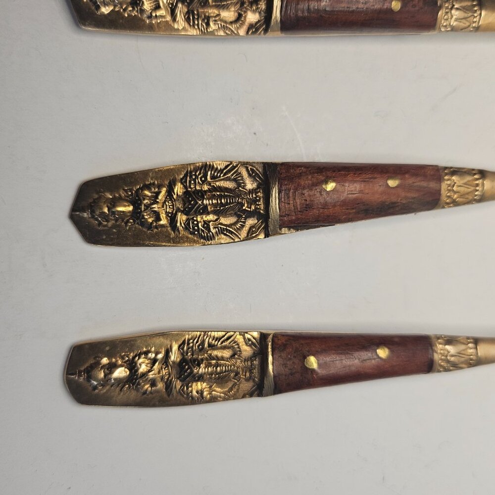 Vintage SIAM 6 Brass-Bronze gold tone & Teak wood cocktail forks Thailand - Picture 6 of 9